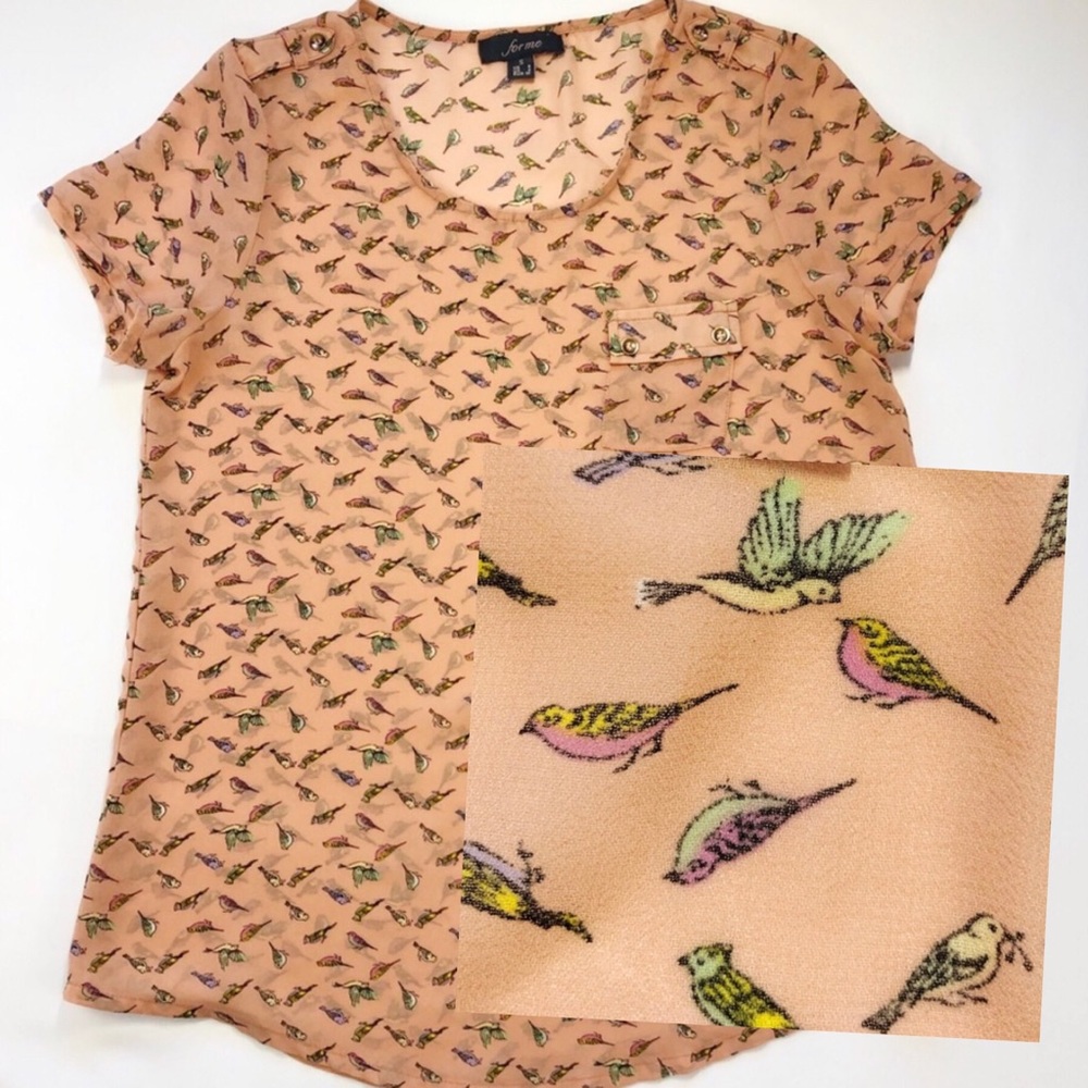 Peach Colored Blouse, Bird Print S